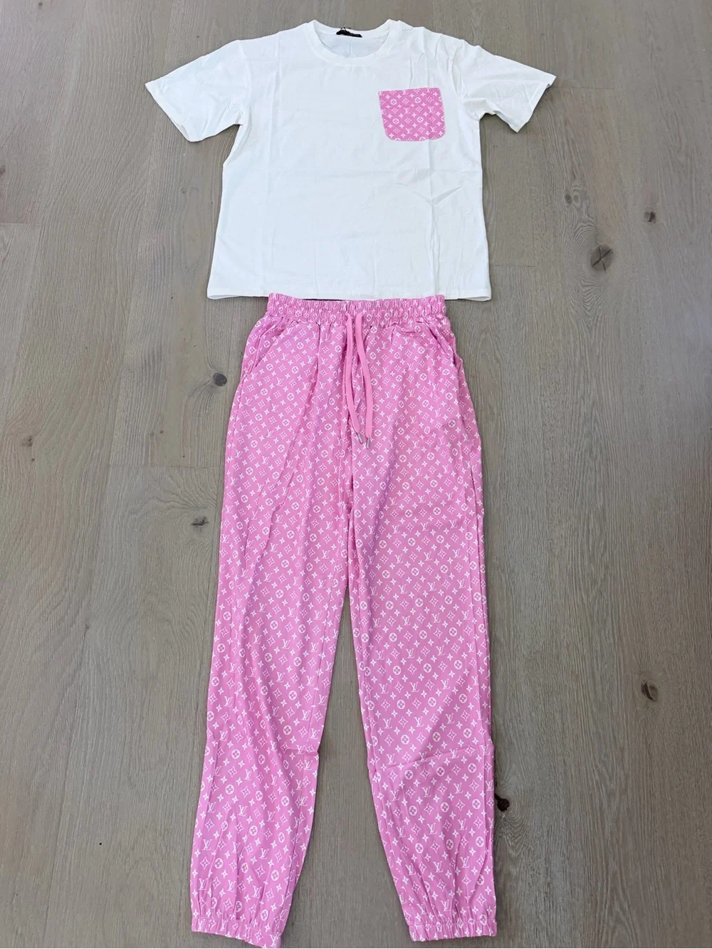 Women's Pink Patterned Lounge Set - White Top & Pink Pants size S